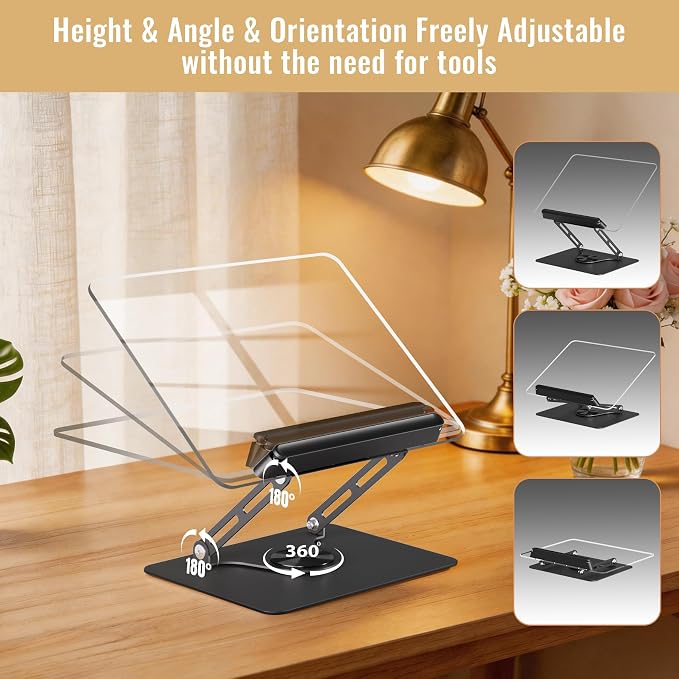 HAUTOCO Adjustable Acrylic Book Stand for Reading, 360° Rotating Base, Foldable Desktop Book Holder with Elastic Page Clips, Hands-Free Cookbook Stand for Laptop, Tablet, Recipe, Textbook, Music Score
