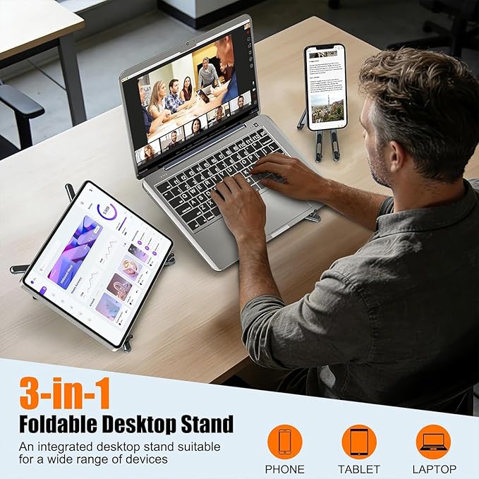 3 in 1 Magnetic Foldable Versatile Stand for Phone Tablet and Laptop,Aluminum Alloy Ergonomic 8-Level Adjustable Height Laptop Stand for Desk,Portable Holder for Home Office and Travel