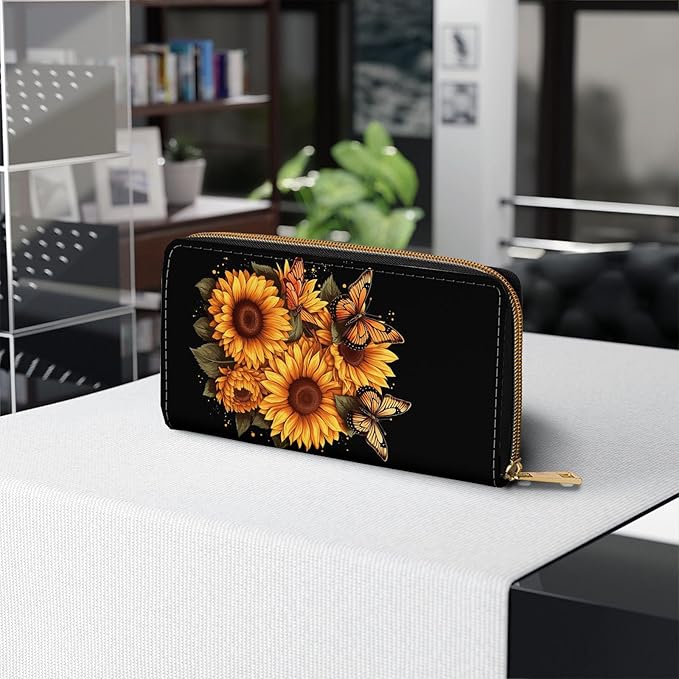 Womens Wallet,RFID Blocking Large Capacity Clutch,Zip Around Leather Purse with 8 Card Slots,Bill Compartments Coin Pocket - Sunflowers Butterfly