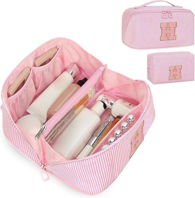 Initial Makeup Bag, Portable Water-resistant Monogram Cosmetic Bag Set, Travel Toiletry Bag with Brush Holder, Personalized Gifts for Friend Teacher Mom Wife, Pink H