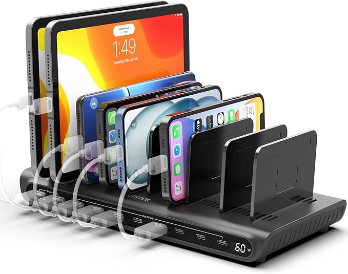 Unitek 10-Port Desktop Charging Dock Ultimate Charging Station for Multiple Devices, iPhones & Apple Products High-Speed USB Hub with LED Display for Office, Kitchen Counter, Desk Organizer