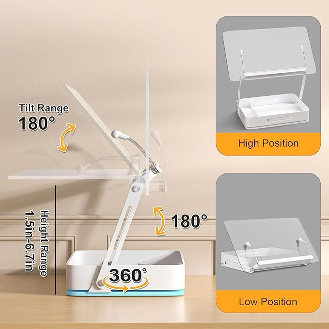Book Holders for Reading, 360°Rotating Acrylic Book Stand with Storage Pen Slot, Foldable Desktop Riser Laptop Stand, Adjustable Book Reading Stand with Page Clips for Desk, Recipe, Cookbook Stand