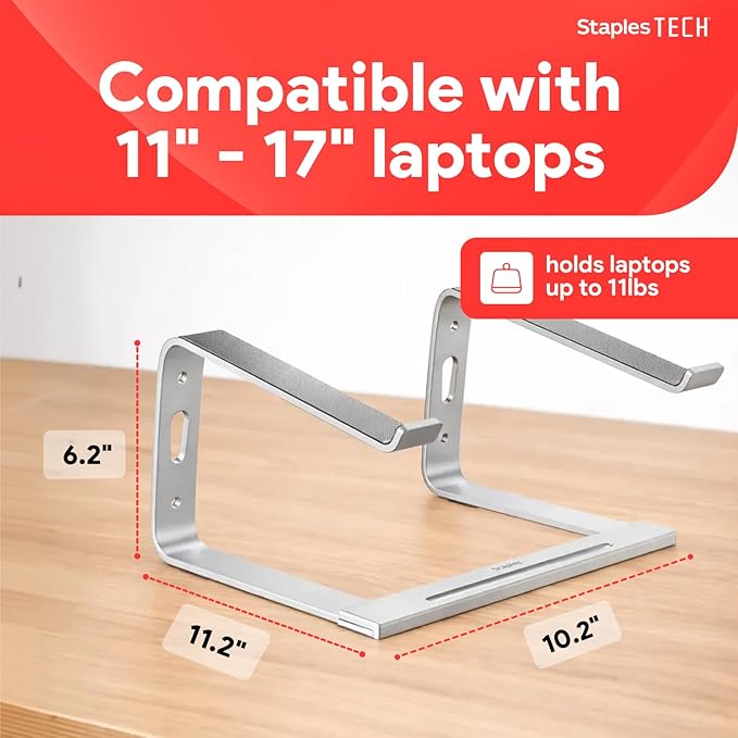 Staples TECH Adjustable Aluminum Laptop Stand ??Fits 11"??7" Laptops, Ergonomic Eye?‘Level Riser with Ventilated Cooling & Anti?‘Slip Base, Silver