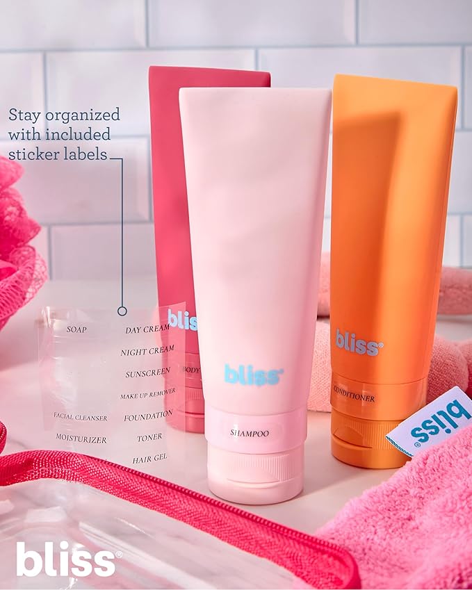 Bliss Travel Bottles Set - 4/7/10 Piece TSA Approved Leak-Free Refillable Travel Size Toiletries Containers for Skincare, Lotion, Shampoo, and Conditioner, 7pc Amalfi Vibes