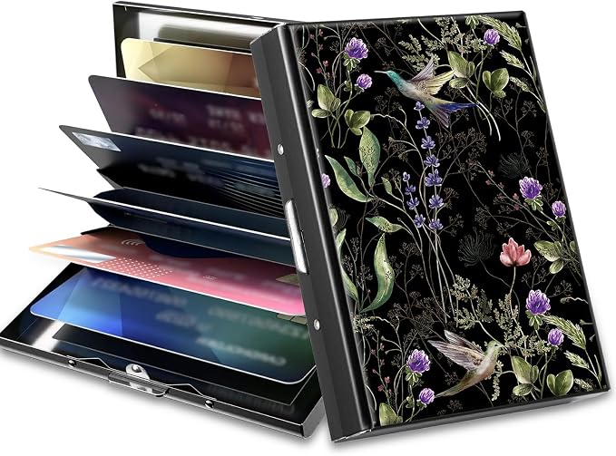 Slim Credit Card Holder, Wild Flower Hummingbird RFID Blocking Metal Wallet for Men & Women, Aluminum Minimalist Hard Case Pocket-Sized Business Cards Organizer (Fits Up to 10 Cards)