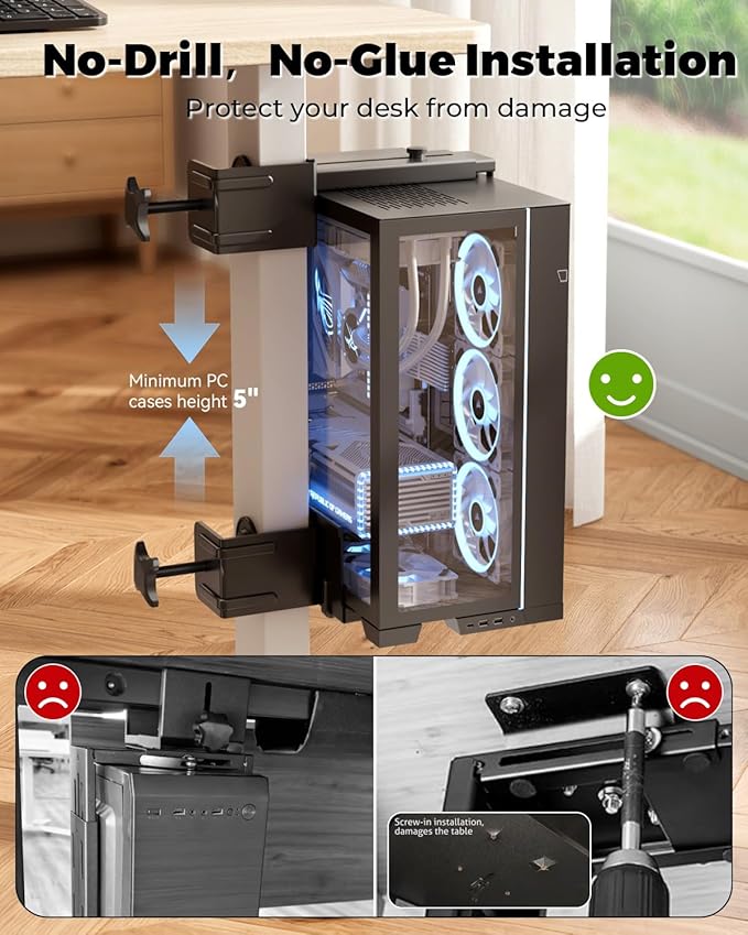 JOY worker Under Desk PC Mount for Standing Desk, Clamp-On Desk Leg Computer Mount, No Drilling, Adjustable Computer Case CPU Holder Holds Up to 44lbs, Black PC Tower Mount