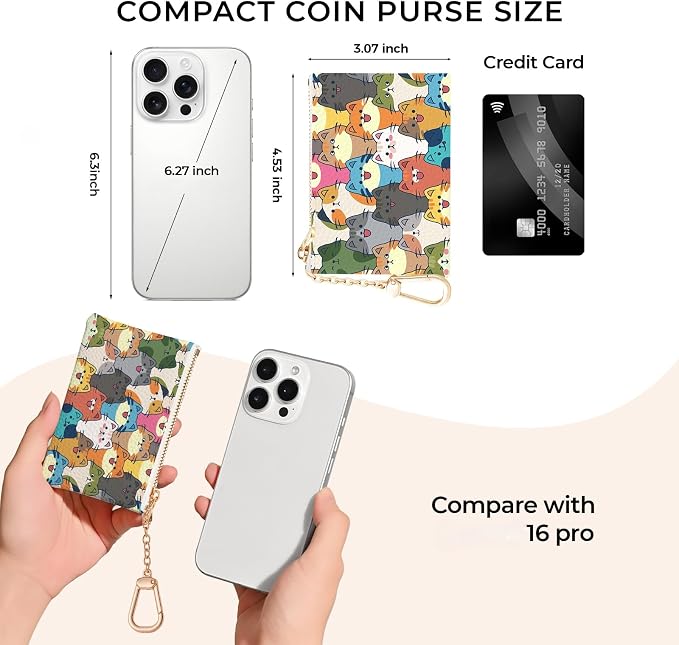 Colorful Cats Keychain Coin Purse for Women, Cute Small PU Leather Change Pouch, Zipper Little Tiny Travel Wallet for Girls, Cute Kawaii Zip Pocket Coin Holder with Key Ring