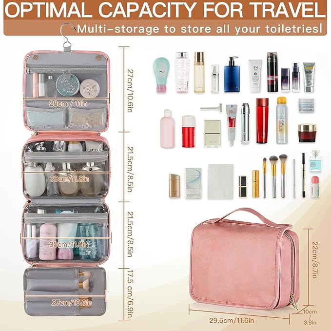 Elviros Hanging Travel Toiletry Bag for Women, 3-in-1 Large Makeup Bag and Cosmetic Organizer, Vegan Leather Waterproof Skincare Case for Travel Size Toiletries and Accessories, Gift for Women
