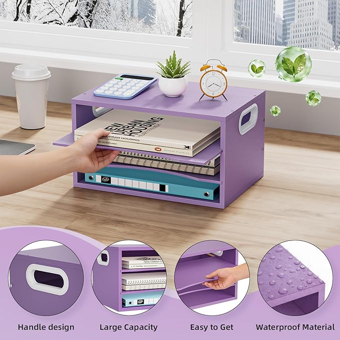 Marbrasse 3 Tier Wood Desk Organizer, Paper Letter Tray Organizer for Desk，Wooden Desktop File Organizer with Handle and Paper Sorter Mail Holder for Office School & Home Supplies Organization-Purple
