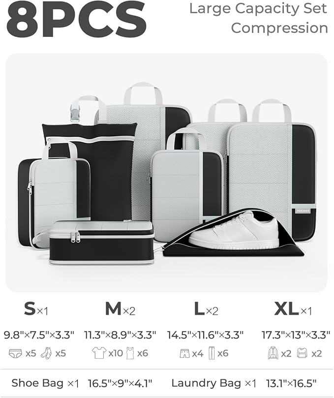 Percover Compression Packing Cubes 8-Piece Set, Packing Cubes Compression for Travel with Laundry Bag & Shoe Bag, Travel Organizer for Carry On & Checked Luggage, Black