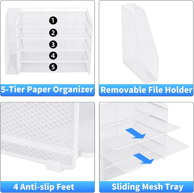 OPNICE Desk Organizer, 5-Tier Paper Organizer Letter Tray with Magazine Holder, Office Desk Accessories & Workspace Organizers, Desktop File Organizer for Office Supplies Storage, White