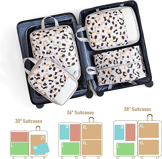 5 Set Packing Cubes For Travel Essentials, Luggage Packing Organization Cubes Suitcase Organizer Bags Set (Leopard)