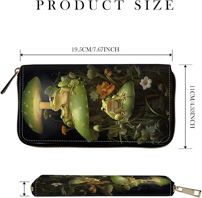 RFID-Blocking Zip Around Wallets for Women with Detachable Wrist Strap,Large Capacity Phone Holder with Card Organizer & Coin Pocket,Cute Frog Mushroom