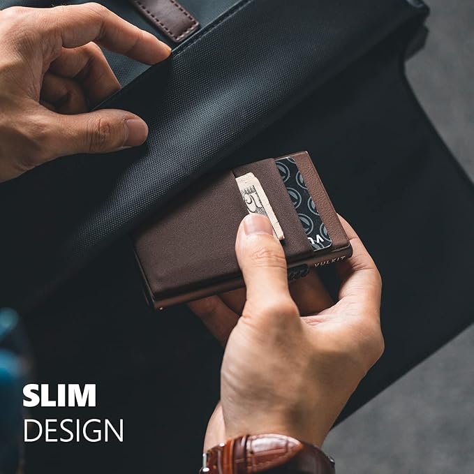 VULKIT Minimalist Wallet with ID Window & EDC Pocket Pop Up Card Holder RFID Blocking Slim Wallet Design for Airtag Cash Coins & Credit Cards
