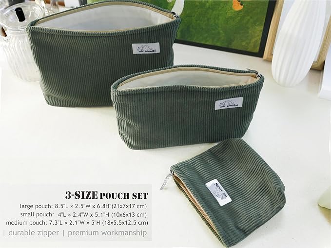 HAPPYHEIDI Corduroy Makeup Bag Set 3 Cosmetic Toiletry Travel Pouch Organizer for Purse Tote, Women Girls Gift, Large Medium Small, Solid Sage Green