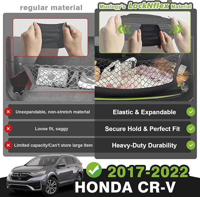 Muslogy Trunk Cargo Net Compatible with 2017-2022 Honda CR-V Accessories, SUV Sedan Cargo Organizer Storage Net with Heavy Duty Carabiners