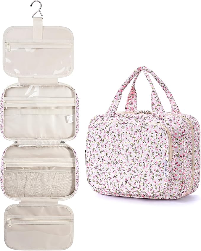 Narwey Hanging Toiletry Bag for Women Travel Makeup Bag Organizer Toiletries Bag for Travel Size Essentials Accessories Cosmetics (Pink Flower (Medium))