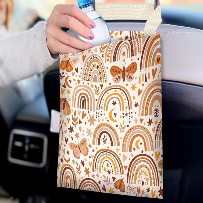 Car Trash Bag Hanging No Snap Small Garbage Bag for Car Back Seat Cute Printed One-handed Strap Trash Bags Car Accessories-Rainbow Car Trash Bags