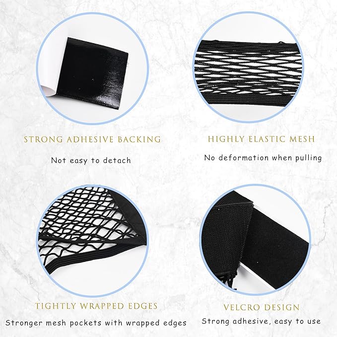 2PCS Universal Car Cargo Net with Adhesive Tape, 9.8×15.7in Trunk Storage Mesh Pocket Wall Mount Organizer Bag for Car RV SUV Boat Truck Camper Van Trailer (Black)