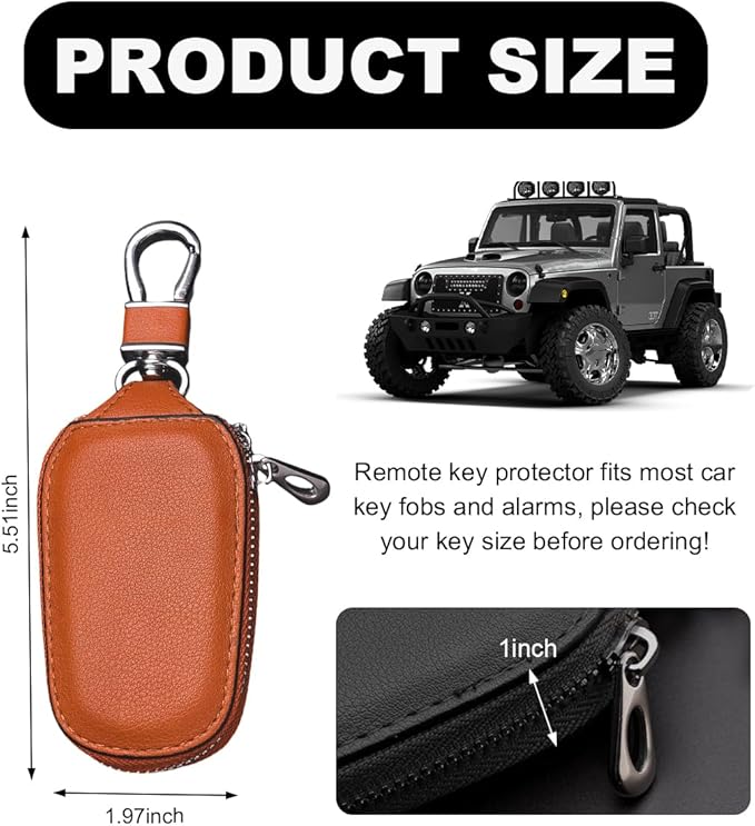 Wevdn Car Key Case, Genuine Leather Auto Smart Key Fob Holder with Metal Hook, Anti Scratch Automotive Key Protector Key Chain Zipper Bag for Remote Key Fob, Car Accessories (Brown)