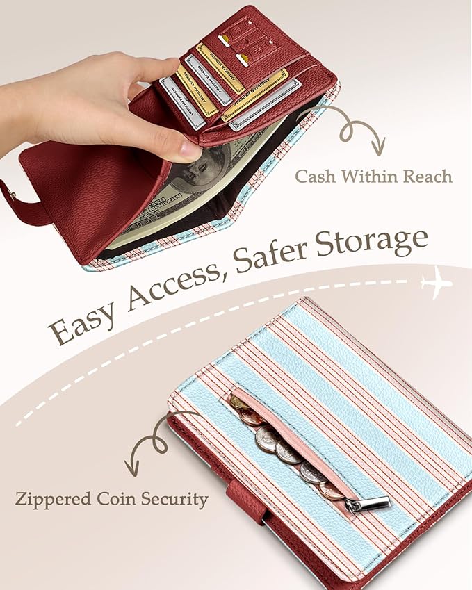 Slohif Passport Wallet Holder Cover for Travel - Women Men RFID Blocking Passport Book Case Protector, Blue Cute Stripe Leather Personalized Organizer Slim Carrier Boarding Pass Cards Slots