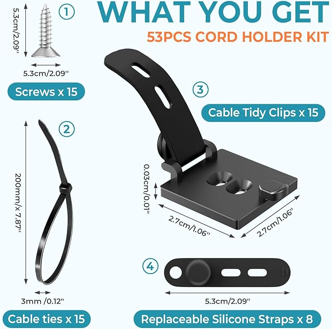 Kanemc Cable Clips Management Kit, 15 Cable Holder With Silicone Cord Ties, 15 Nylon Zip Tie, Extra 15 Screws & 8 Adjustable Cable Straps For Workspace Organizers PV Computer TV Under Desk Wire Setup