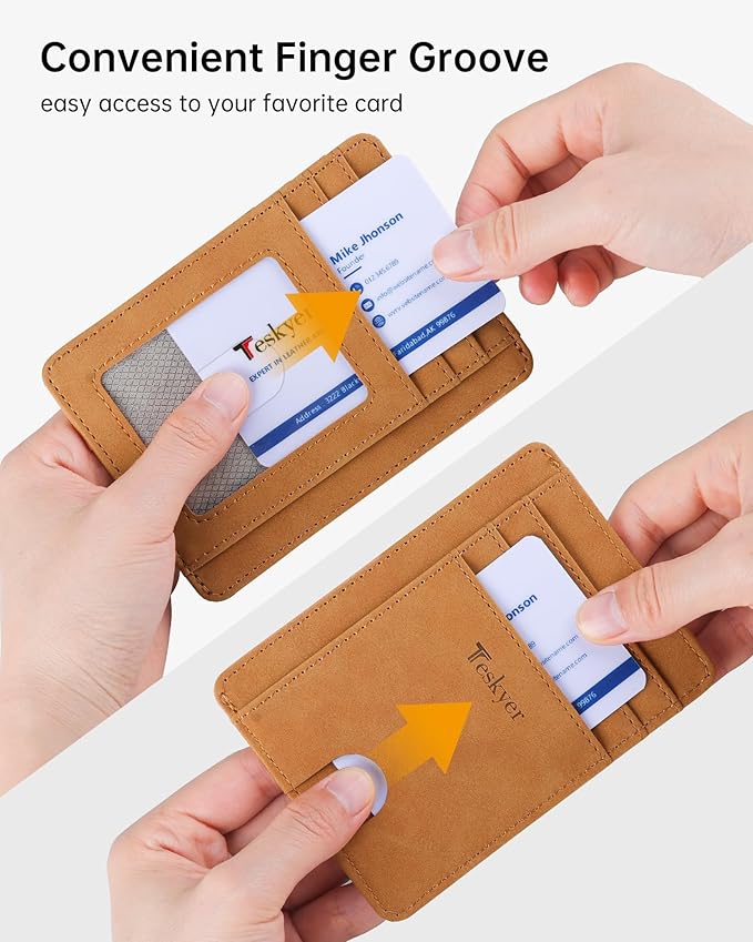 Teskyer Slim Wallet for Men, Minimalist Front Pocket RFID Blocking Leather Wallet Credit Card Holder for Men & Women