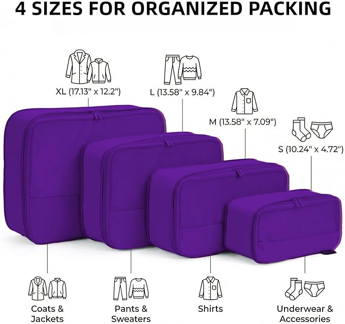 4 Piece Compression Packing Cubes for 3–7 Day Travel, Space Saving Travel Organizers with Breathable Mesh, Double-Zipper Packing Cubes for Carry-On & Suitcases (Lavender)