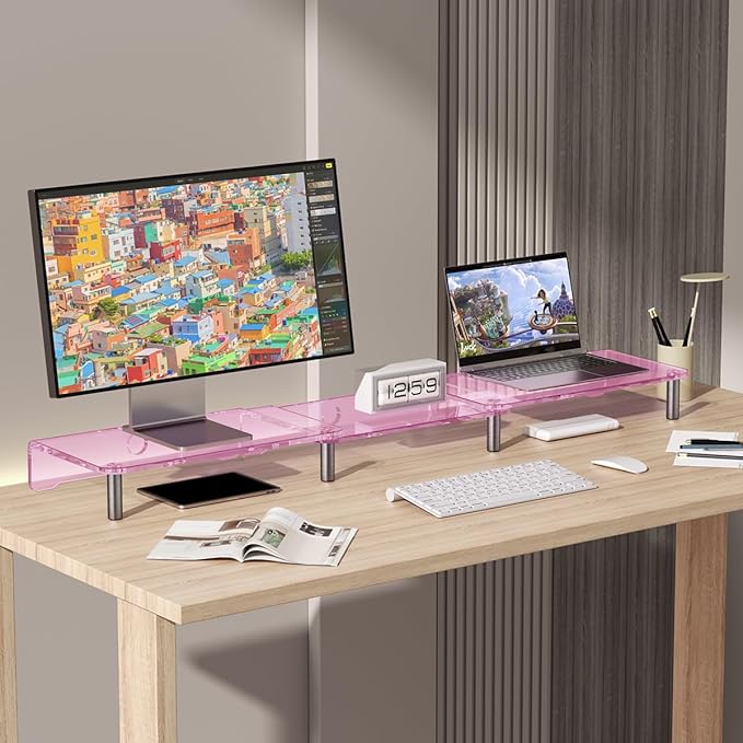 dual monitor stand riser, 3-layer pink acrylic monitor stand with anti slip pad, adjustable length and angle, suitable for 2 monitors, desktop, laptop, PC, printer, TV screen (Pink acrylic)