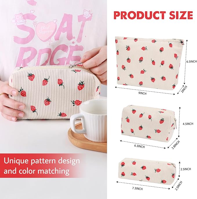 3 Pcs Makeup Bag Cosmetic Bag Set for Girls Women Travel Organizer Bathroom Toiletry Pouch Large Capacity Storage Bag (Strawberry Beige)