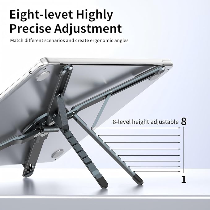 Portable Laptop Stand for Desk, 3-in-1 Adjustable Holder for MacBook, 8-Level Height & Angle, Aluminum Alloy Desktop Stand, Compatible with 4-13??iPhone, 10-16??Laptops & Tablets(Gray)