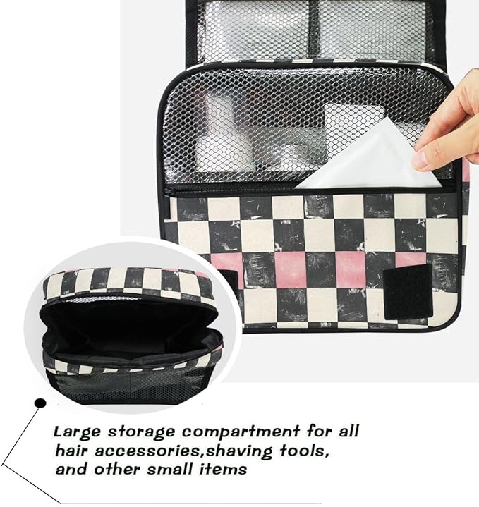 Hanging Travel Toiletry Bag White Black Pink Plaid Kit Makeup Case Cosmetics Organizer for Men Women