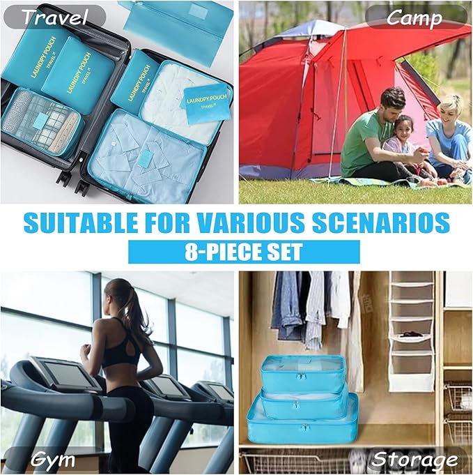 8 Set Packing Cubes for Travel Luggage Packing Bags Reusable Waterproof Suitcase Organizer Cubes Set with Shoe Bag and Toiletry Bag (Sky Blue)