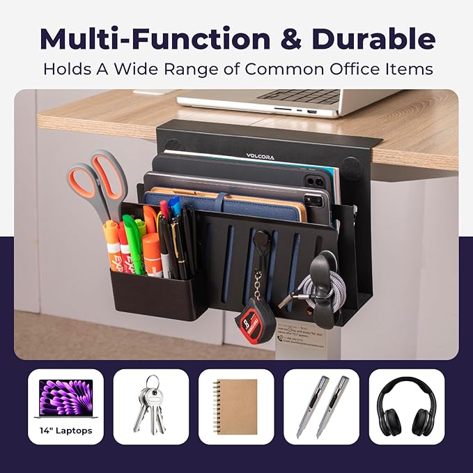 Volcora Side Storage, Under Laptop Holder, No Drill Organizer with Magnetic Pen Box, Cable Clamp, Hanging Organizer, Desk Mount File Holder for Office and Home, 2 Tier Black