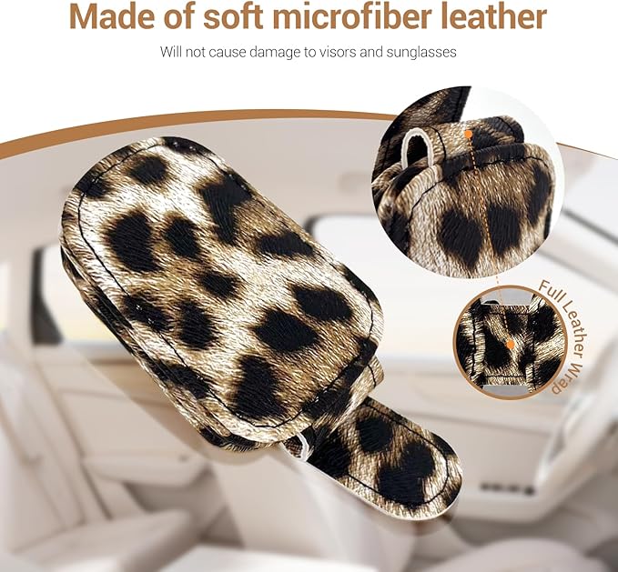 Sunglass Holder for Car, Universal Magnetic Car Sun Visor Eyeglass Holder, Leather Glasses Clip for Car, Ticket Card Clip (1, Leopard)