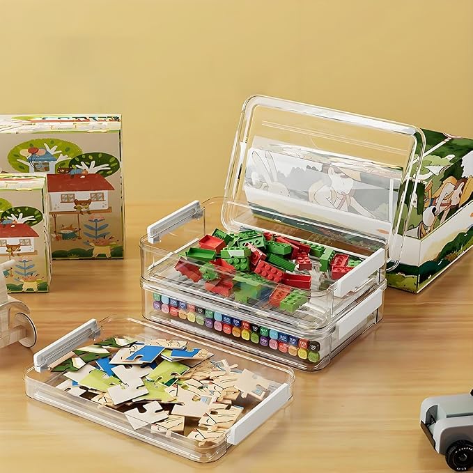 2 Pcs Plastic Portable Project Case, Clear Stackable Storage Boxes Organizer for A4 Files, Scrapbooks, Art Supplies (‎Blue Latch, Small)