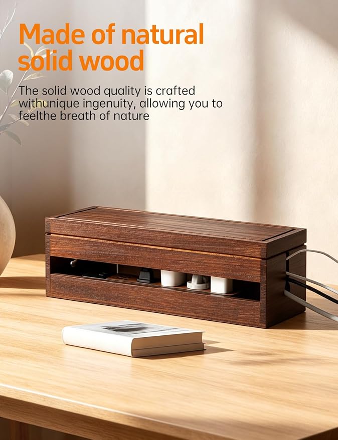 Wood Cable Management Box, Wire Organizer & Cable Hider Box with Lid, Power Strip Protector Boxs for Desk, Floor, Home, Office & Extension Leads – Decorative Cord Organizer