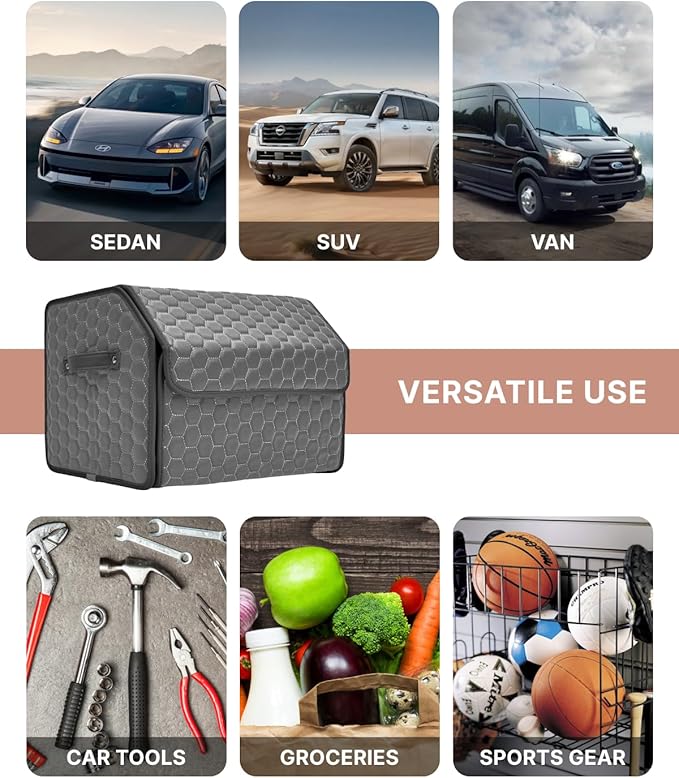 Owleys Foldable Trunk Organizer For Car - Trunk Organizers Car Storage - Collapsible Auto Trunk Organizer With Lid - Small And Large Cargo Organizer - Trunk Organization (Gray 17)