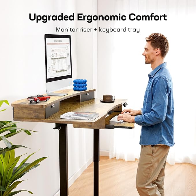 HUANUO 48" x 26" Electric Standing Desk with 2 Drawers & 26.7" Large Keyboard Tray, C-Clamp Mount Compatible, Adjustable Computer Desk for Home Office, Stand Up Desk with 4 Height Presets, Vintage