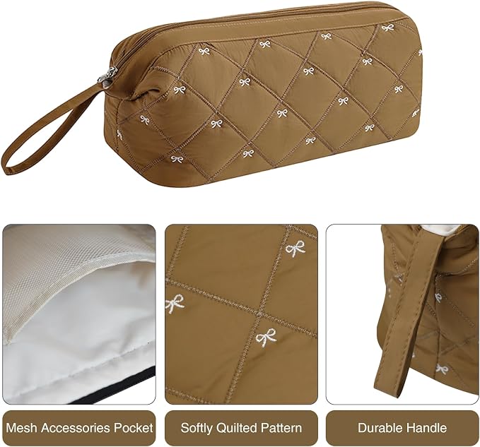 Stratalife Quilted Hair Tools Travel Bag with Polishing Cloth Compatible with Dyson Airwrap Shark Flex Style, Portable Toiletry Bag Hair Dryer Curling Iron Carrying Case Caramel Bow