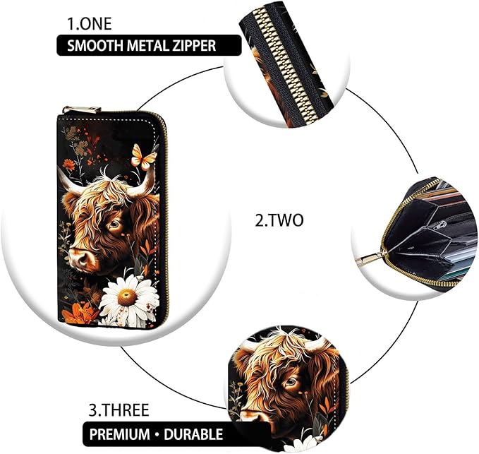 Women's RFID Blocking Zip Around Wallet with Detachable Wrist Strap, Large Capacity Credit Card Holder Organizer for Everyday Use,Highland Cow Flowers Butterfly