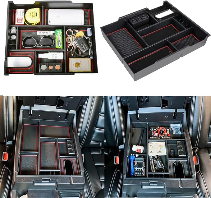 EDBETOS Center Console Tray Organizer Compatible with Toyota Tundra 2014 2015 2016 2017 2018 2019 2020 2021 Accessories, Armrest Secondary Storage Box (Red Trim)