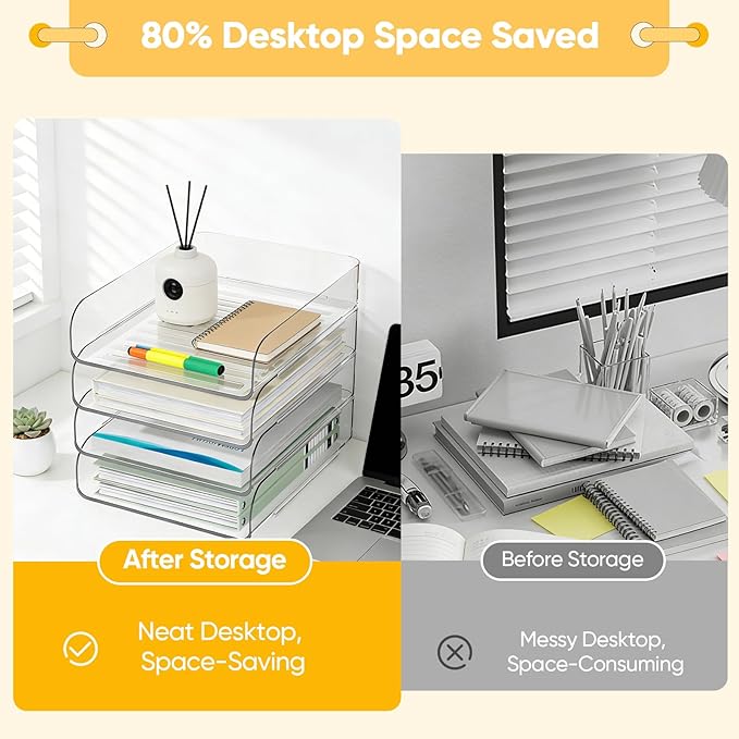HIYOHIYO Clear Office Desktop Organization for A4 Letter Paper, 4-Tier | Vertical Style, Stackable, Large Capacity, Sturdy Office Organizer for File Folder, Stable Home Desk Holder and Storage