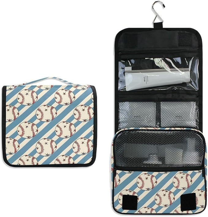 Hanging Travel Toiletry Bag Kit Boys Makeup Case Cosmetics Organizer for Men Women (Baseball Balls Star Blue Stipes)