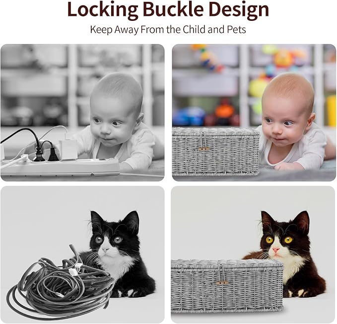 Cable Management Box, Desk Handwoven Rattan Cord Hider Cable Organizer Box With Lid Button Lock, Power Strip Cover Wicker Decorative Basket, Floor Wire Hiding Extension Cord Box (grey)