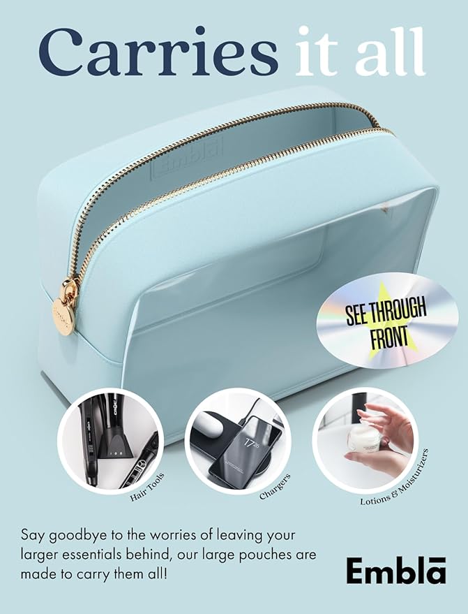Embla Clear Large Makeup Bag Cute Big Make Up Nylon Pouches Travel Bathroom Bags for Toiletries XL Cosmetic Pouch for Women Girls Extra Large Zipper Toiletry Skincare Organizer Blue