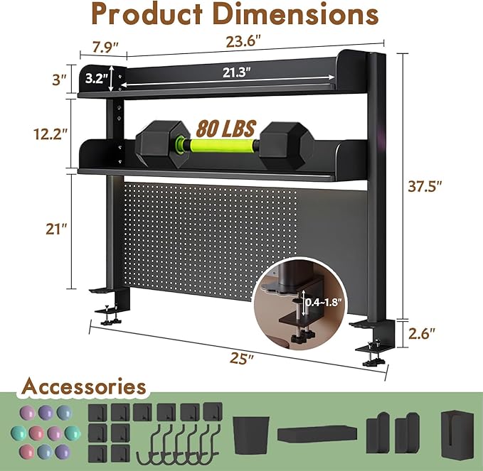 Clamp On Desk Shelf Organizer with Pegboard Desk Hutch Dorm with Storage Bookshelf Desk Top Organizer Shelf Multi-Purpose White & Black Desktop Shelves & Office Shelves (Black, W - 23.6")