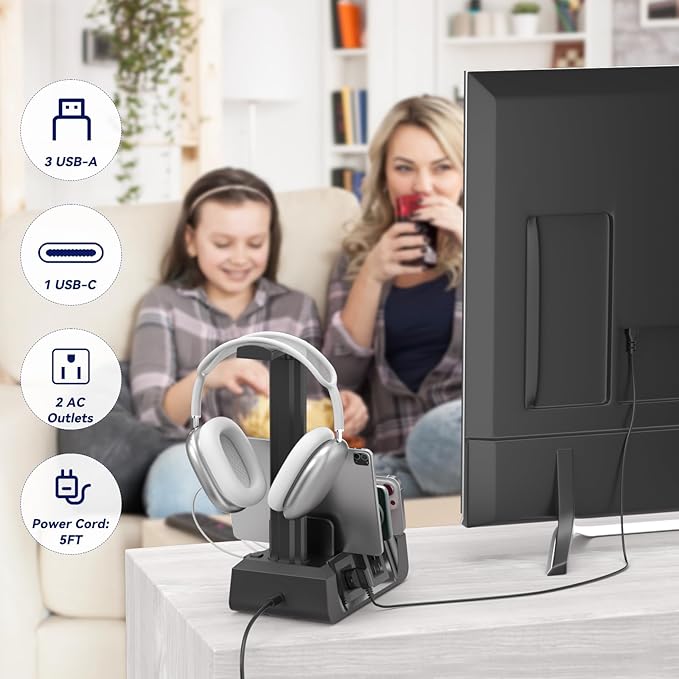 KDD Charging Station with 6 Charging Cables - Fast Charging 6 in 1 Cellphone Charging Dock with Headphone Stand and Watch Holder - 2 AC&USB A&USB C, Storage Station for Smartphone,Tablets, AppleWatch