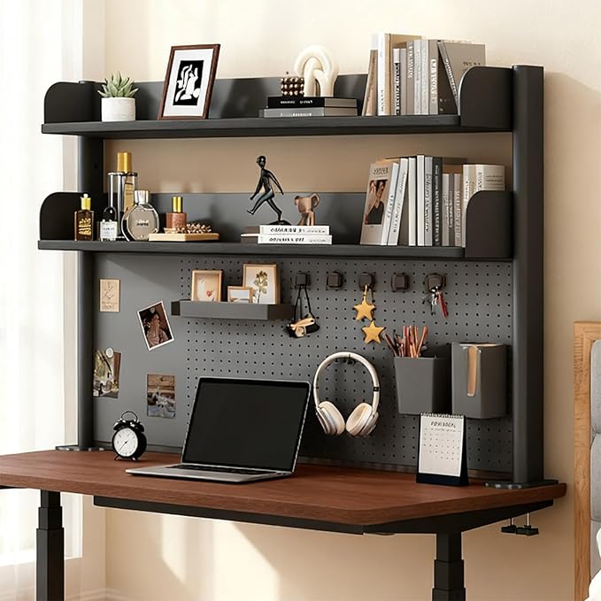 Clamp On Desk Shelf Organizer with Pegboard Desk Hutch Dorm with Storage Bookshelf Desk Top Organizer Shelf Multi-Purpose White & Black Desktop Shelves & Office Shelves (Black, W - 23.6")