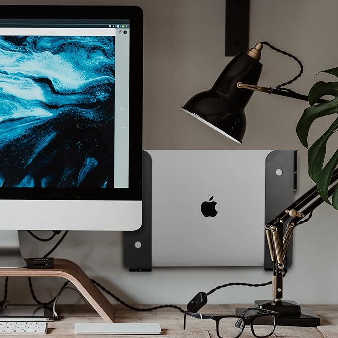 Wall Mount and Under Desk Mount Laptop Holder, Universal Laptop Storage Bracket for Devices Up to 1.18" Thick Macbooks, Surface, Keyboards, Tablets & More (Metal Black)